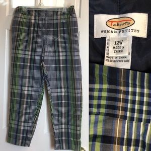 silk blend, plaid ankle length pants